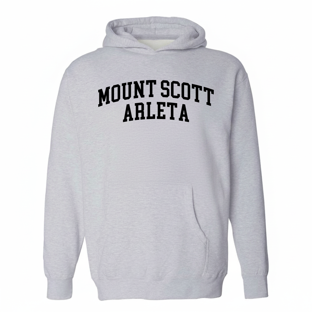 Heather-gray hoodie with the Mount Scott-Arleta varsity arched lettering design on the chest.
