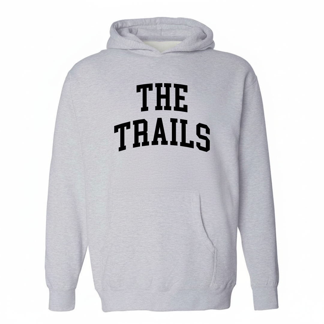 Heather-gray hoodie with The Trails Summerlin varsity arched lettering design on the chest.