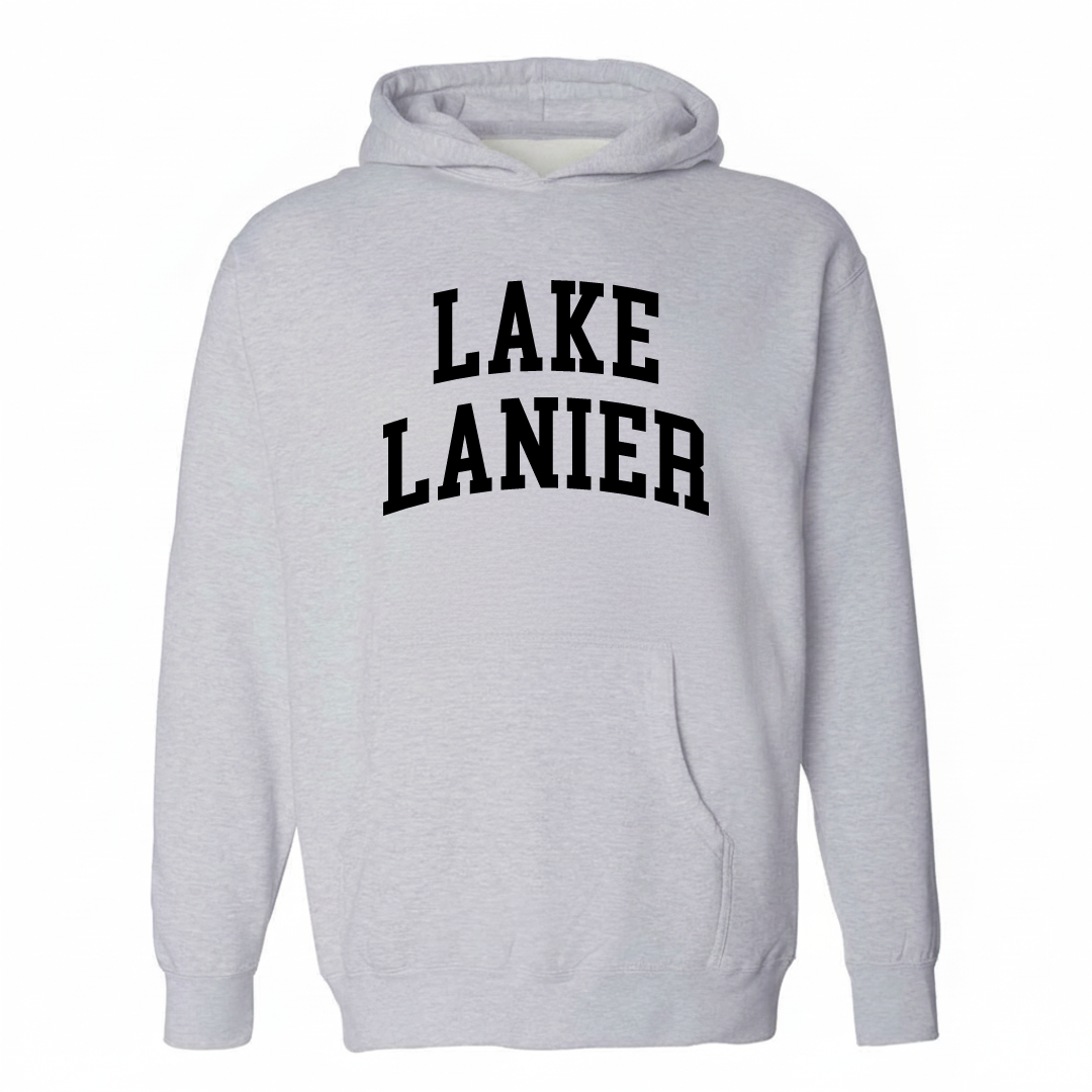 Heather-gray hoodie with the Lake Lanier varsity arched lettering design on the chest.