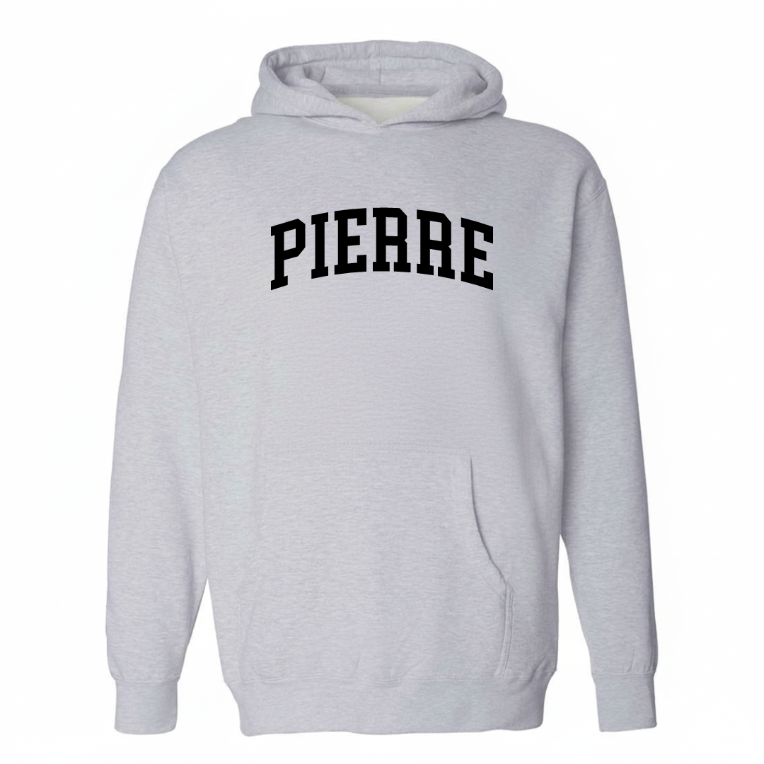 Heather-gray hoodie with the Pierre, South Dakota arched varsity lettering design on the chest.