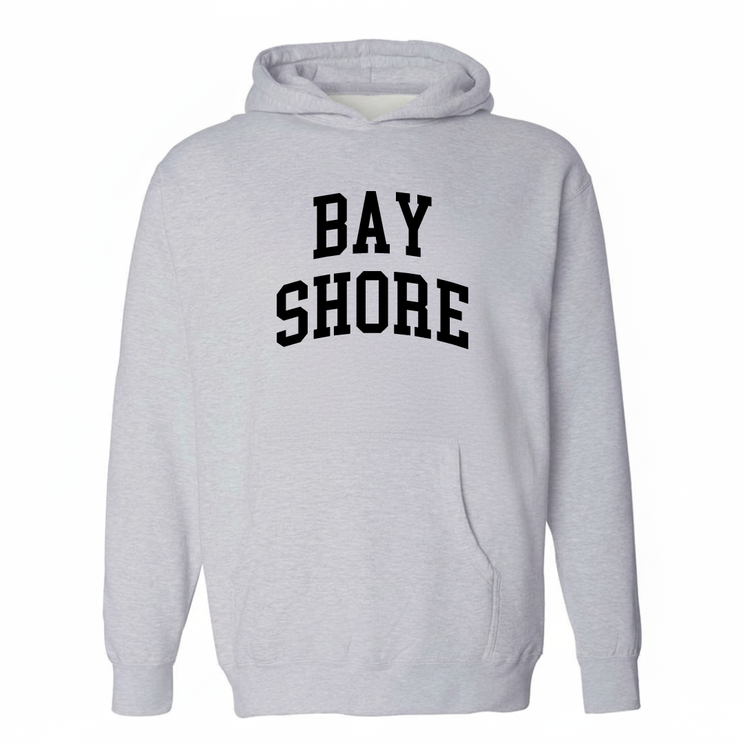 Heather-gray hoodie with the Bay Shore varsity arched lettering design on the chest.