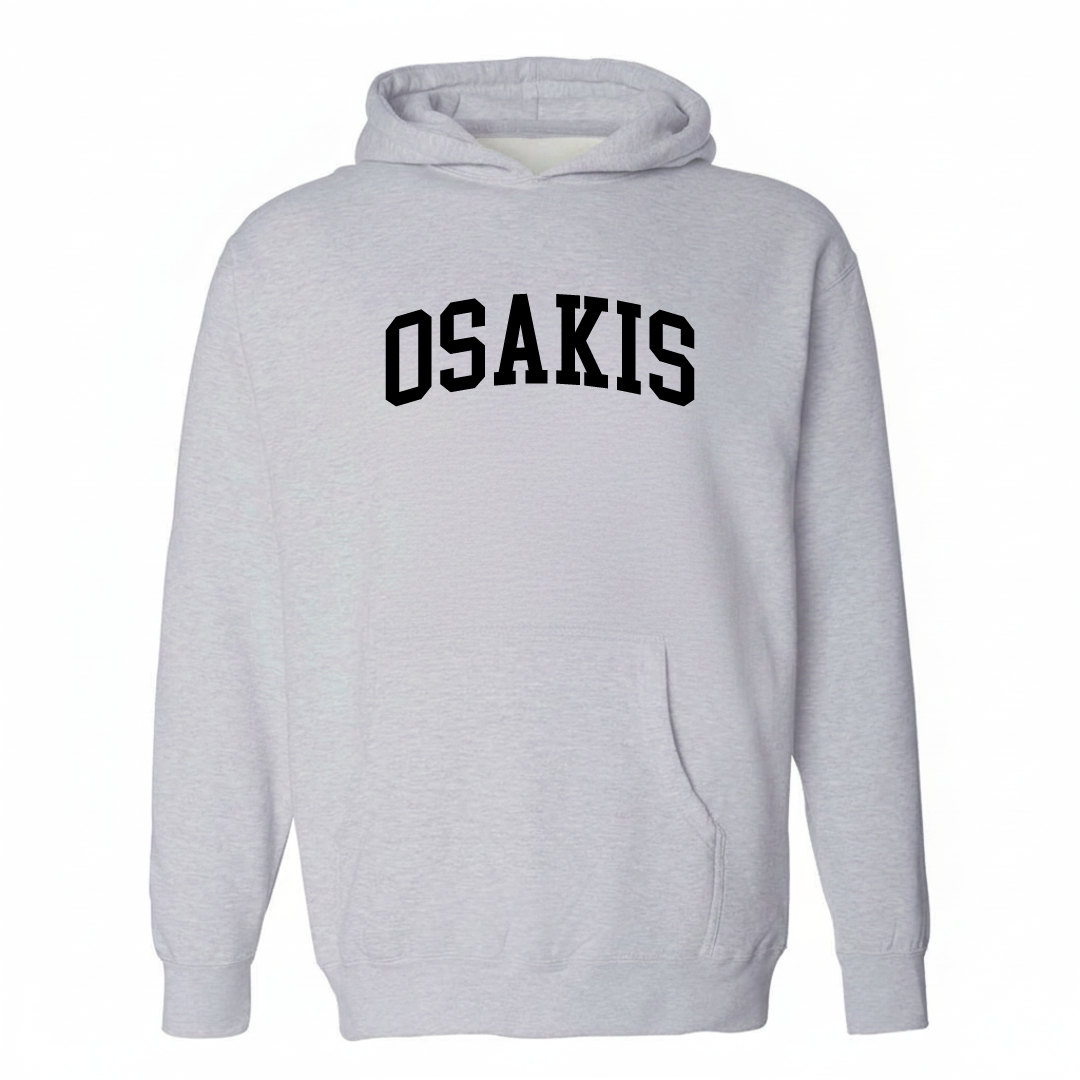 Heather-gray hoodie with the Osakis arched varsity lettering design on the chest.