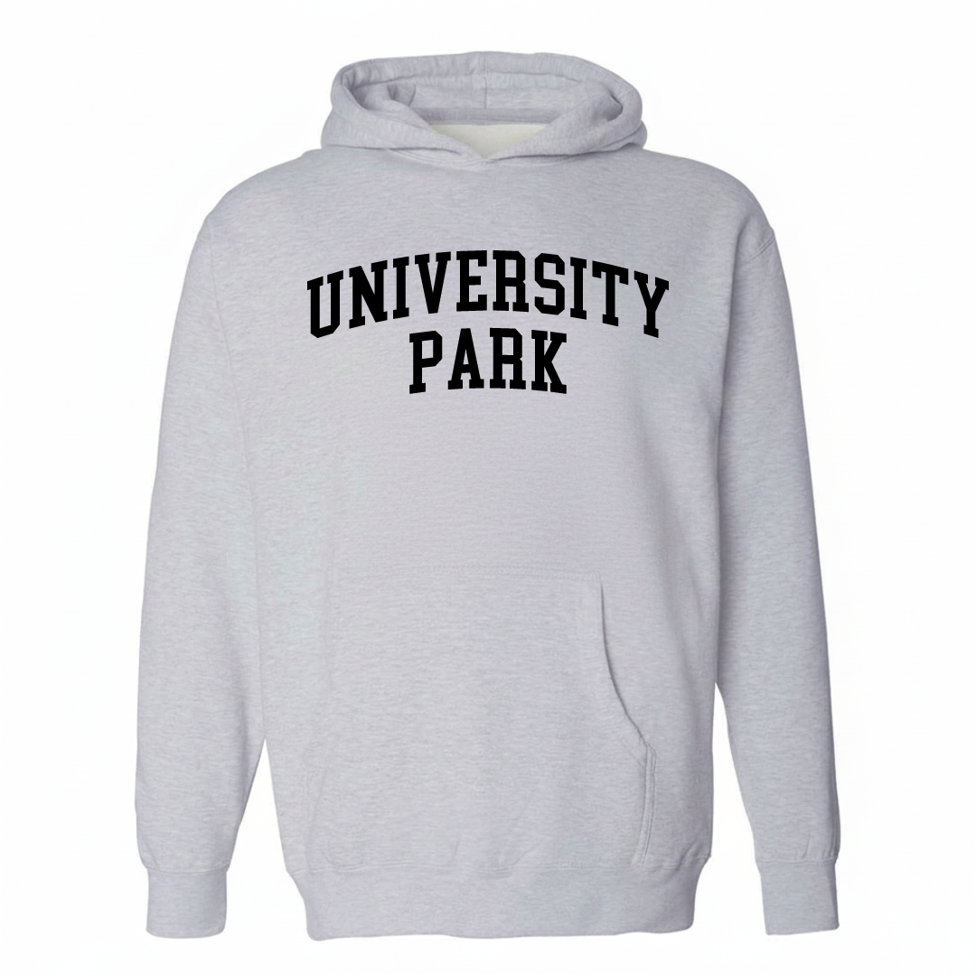 Heather-gray hoodie with the University Park arched lettering varsity-collegiate design on the chest.