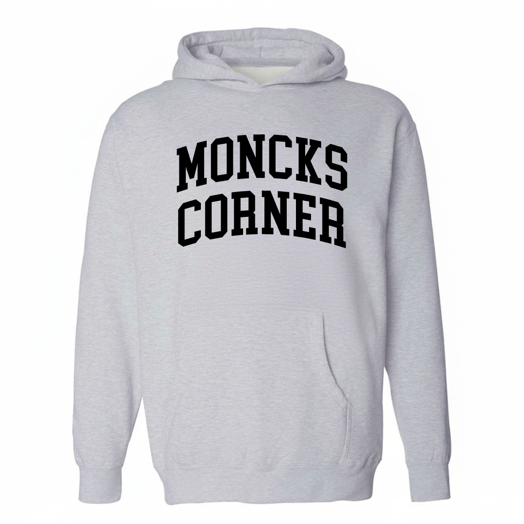 Heather-gray hoodie with the Moncks Corner varsity arched lettering design on the chest.