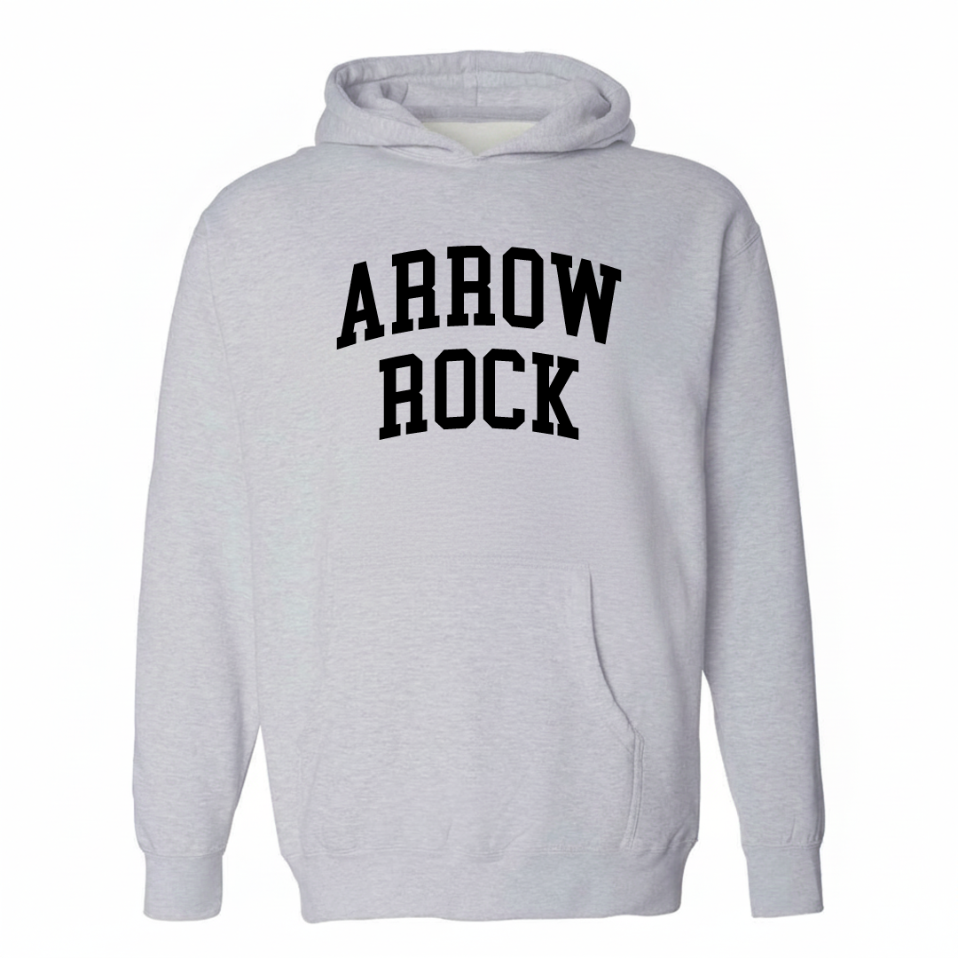 Heather-gray hoodie with the Arrow Rock varsity arched lettering design on the chest.