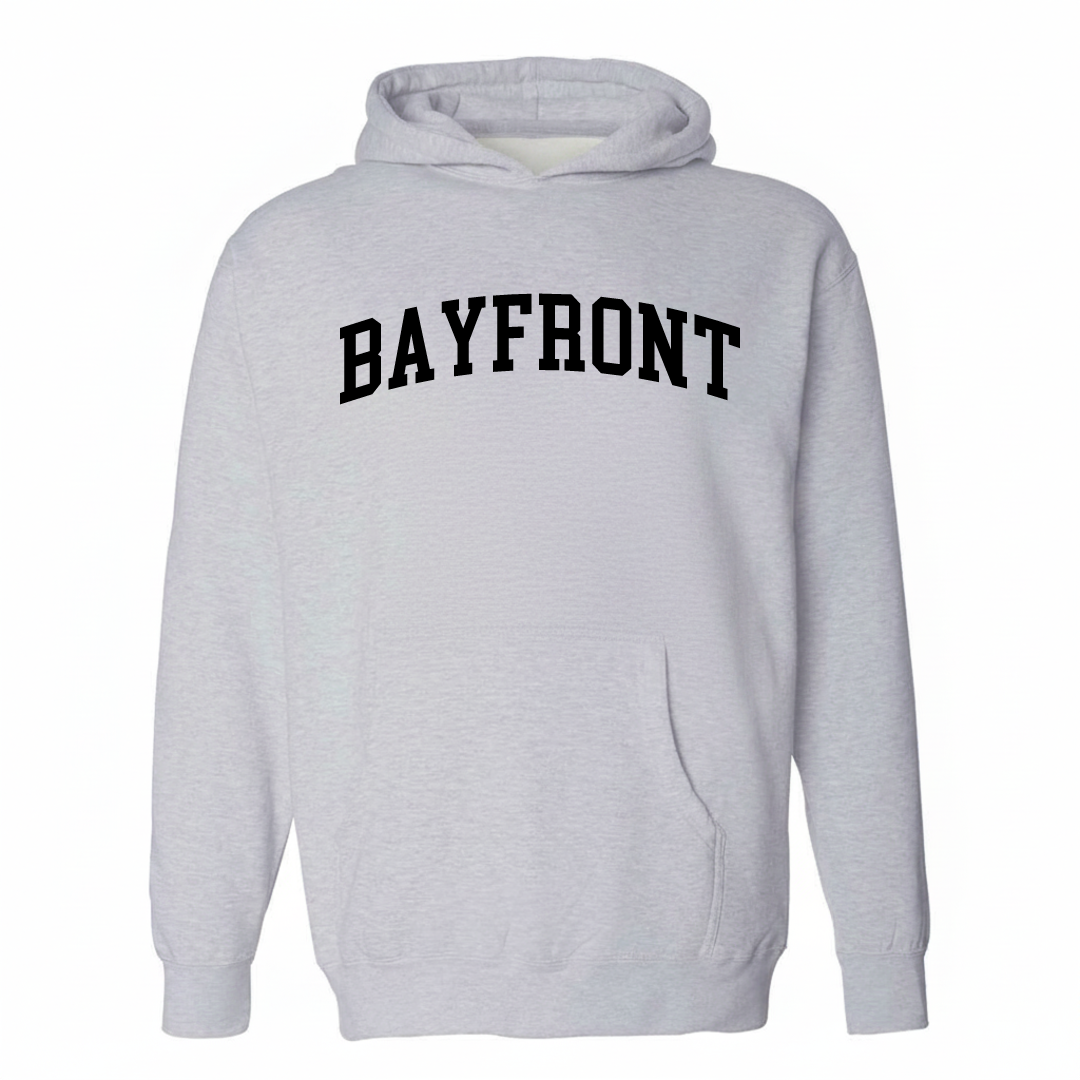 Heather-gray hoodie with the Bayfront Erie varsity arched lettering design on the chest.
