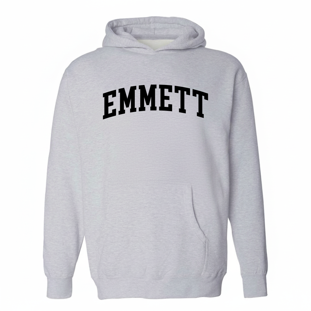 Heather-gray hoodie with the Emmett varsity arched lettering design on the chest.