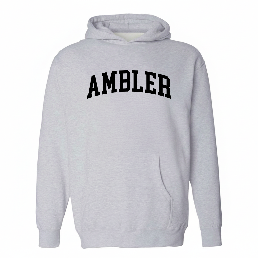 Heather-gray hoodie with the Ambler arched varsity lettering design on the chest.