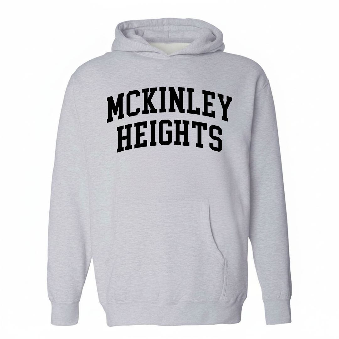 Heather-gray hoodie with the McKinley Heights varsity arched lettering design on the chest.