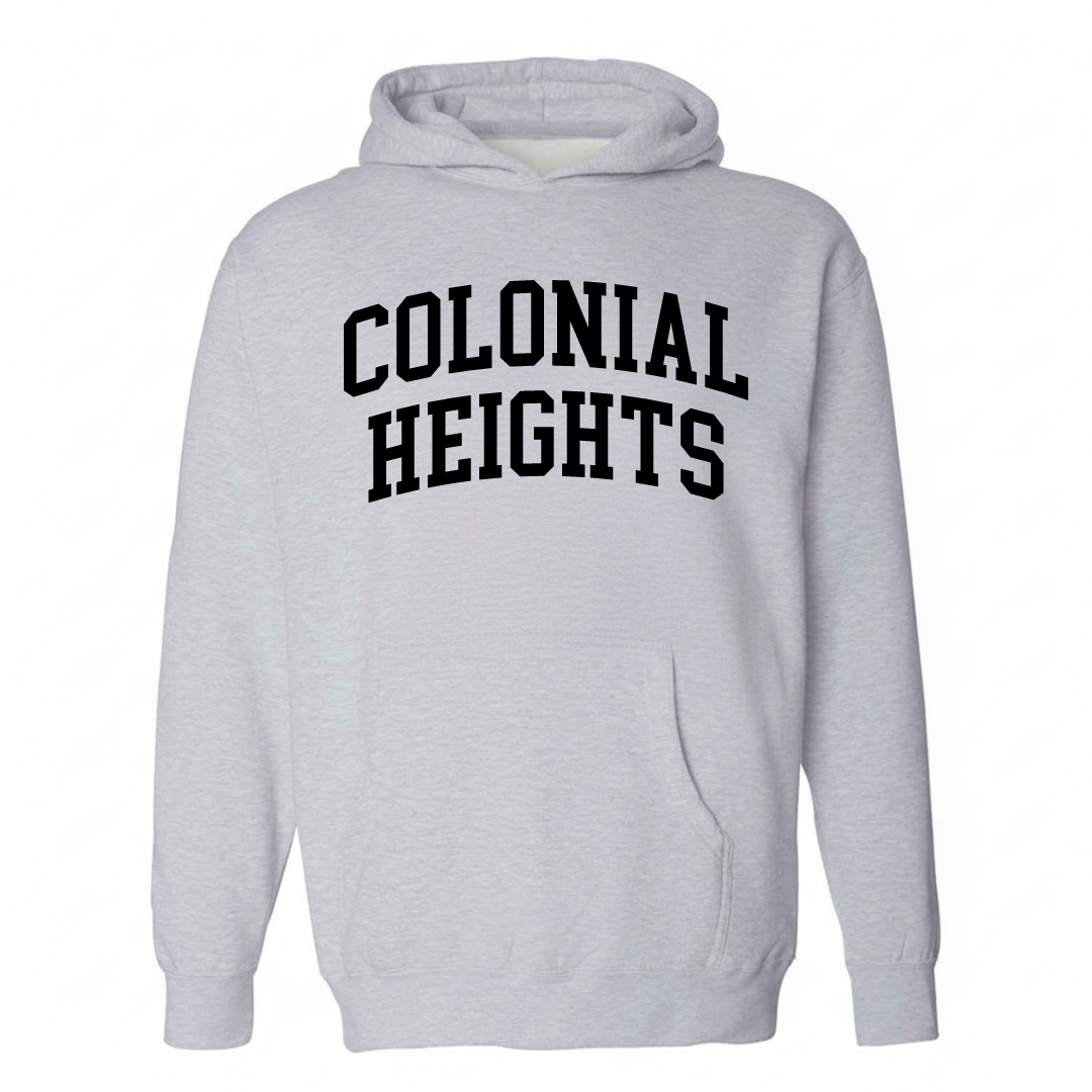 Heather-gray hoodie with the Colonial Heights varsity arched lettering design on the chest.