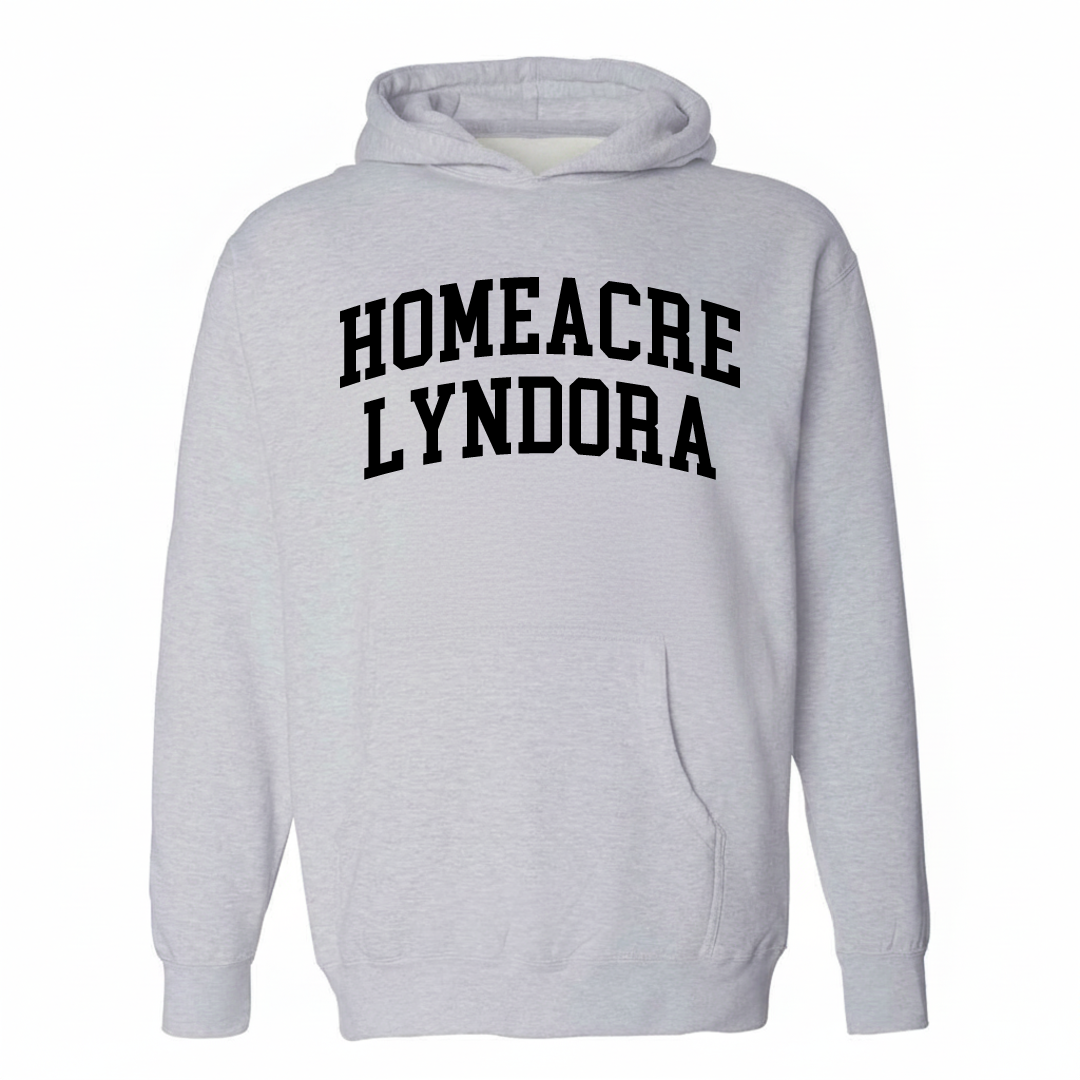 Heather-gray hoodie with the Homeacre-Lyndora varsity arched lettering design on the chest.