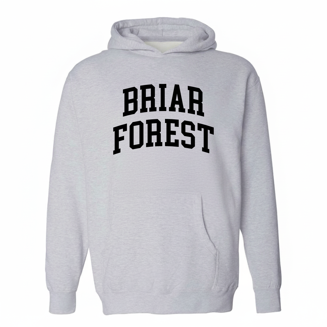 Heather-gray hoodie with the Briar Forest arched lettering design on the chest.