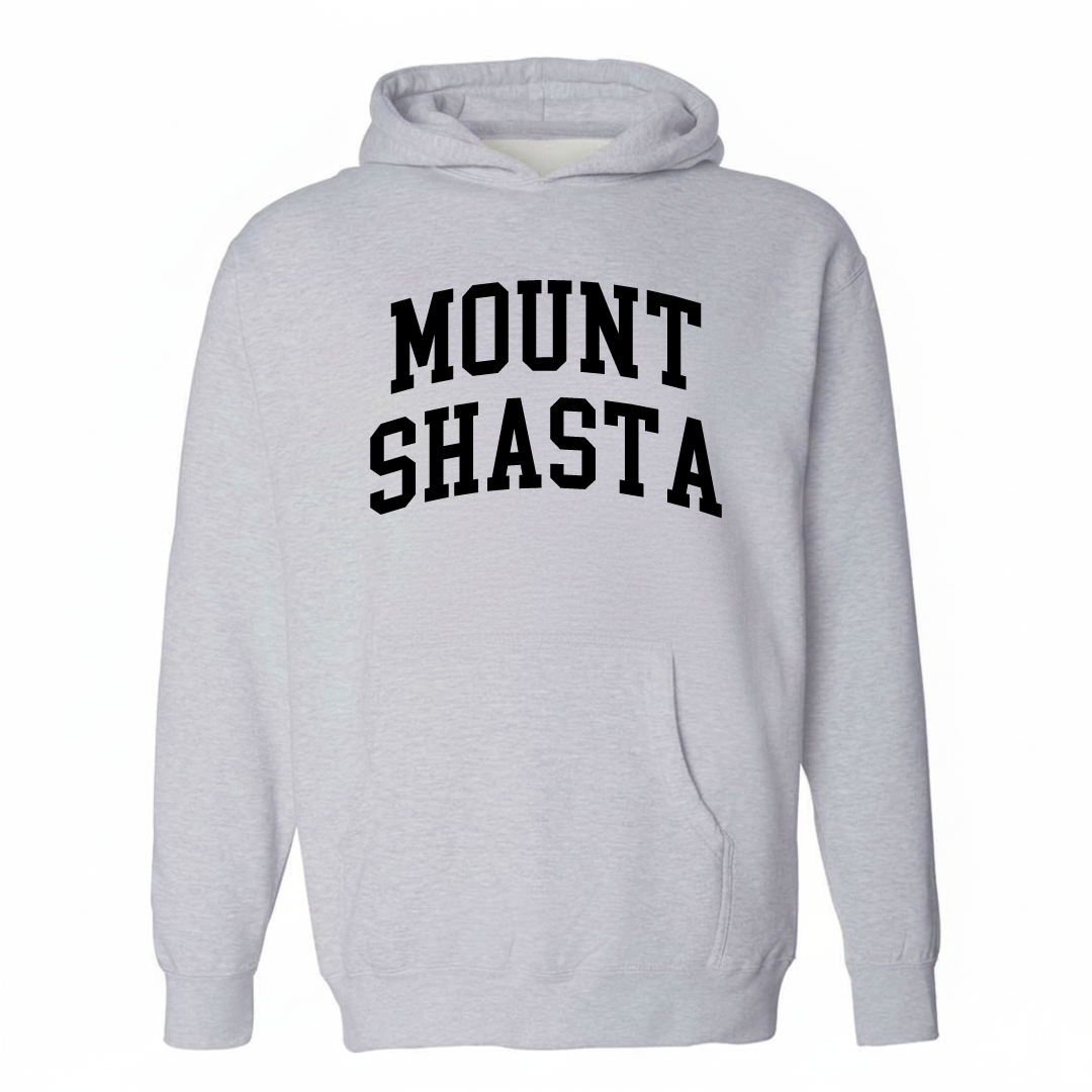 Heather-gray hoodie with the Mount Shasta arched lettering varsity-collegiate design on the chest.