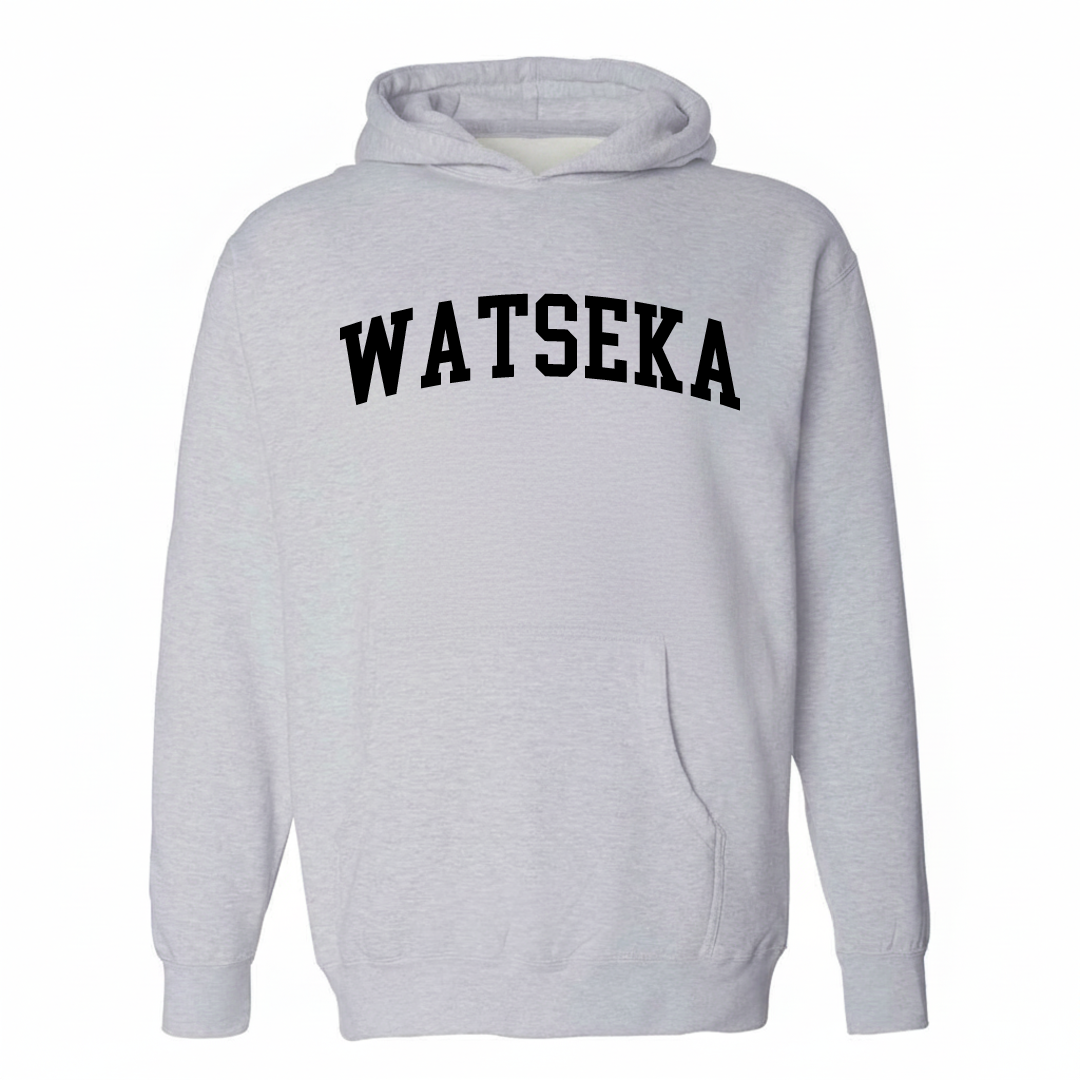 Heather-gray hoodie with the Watseka varsity arched lettering design on the chest.