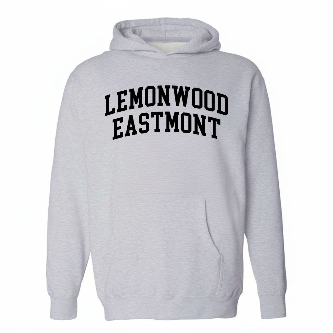 Heather-gray hoodie with the Lemonwood Eastmont varsity arched lettering design on the chest.