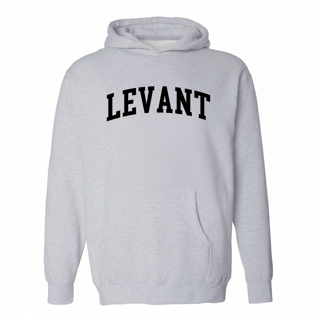 Heather-gray hoodie with the Levant varsity arched lettering design on the chest.