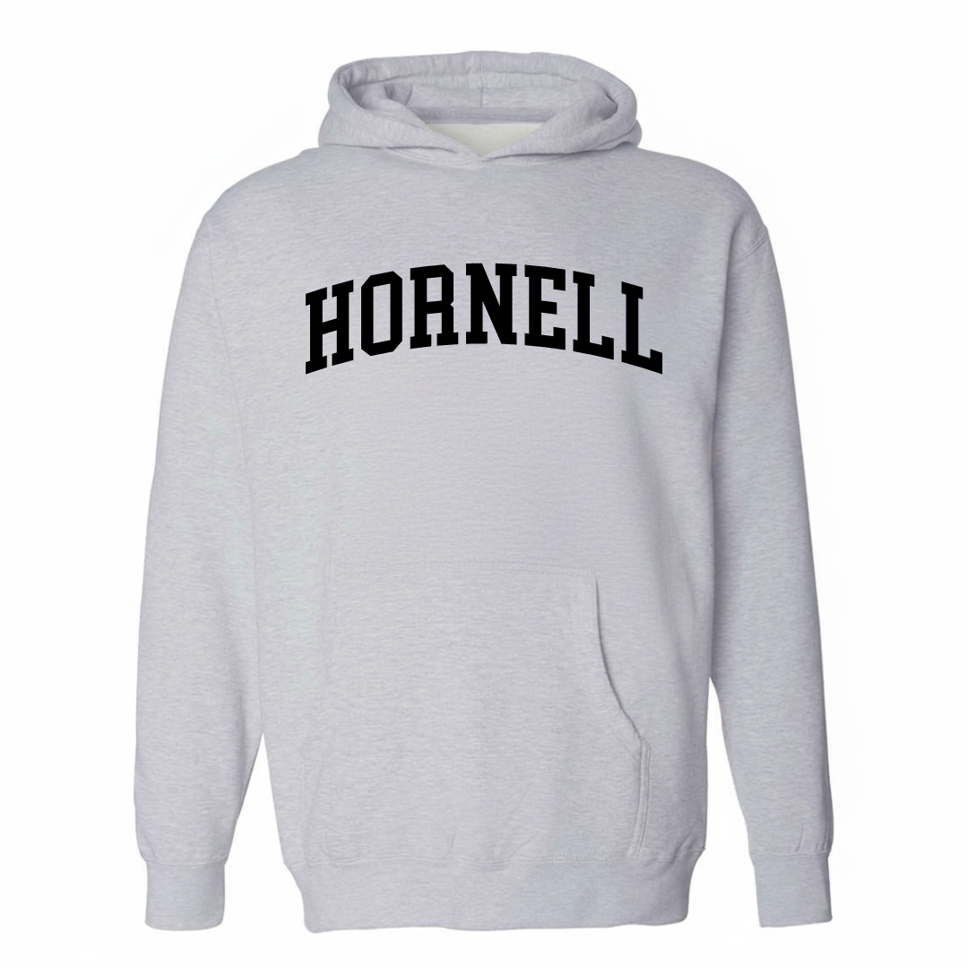 Heather-gray hoodie with the Hornell Maple City varsity arched lettering design on the chest.