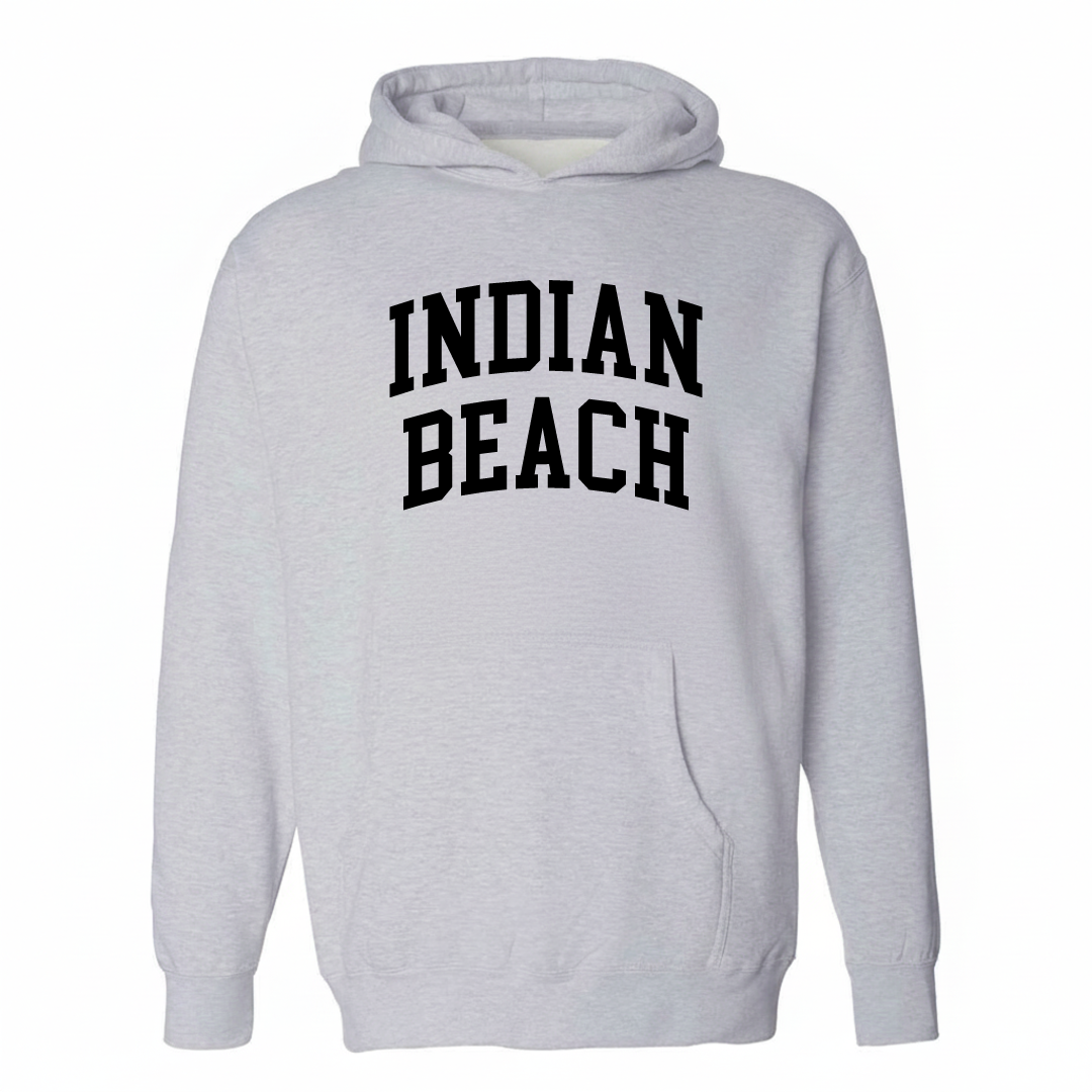 Heather-gray hoodie with the Indian Beach varsity arched lettering design on the chest.