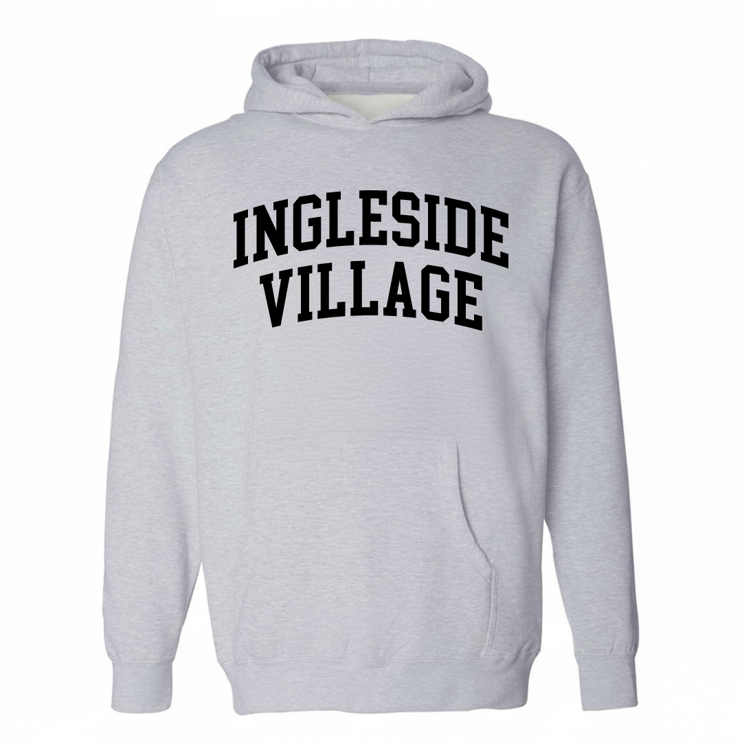 Heather-gray hoodie with the Ingleside Village varsity arched lettering design on the chest.