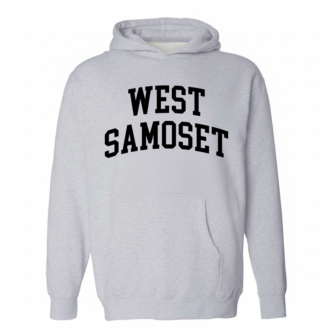 Heather-gray hoodie with the West Samoset varsity arched lettering design on the chest.