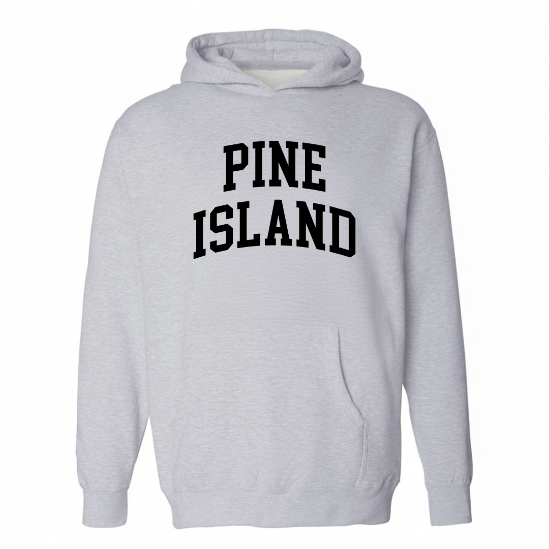 Heather-gray hoodie with the Pine Island varsity arched lettering design on the chest.
