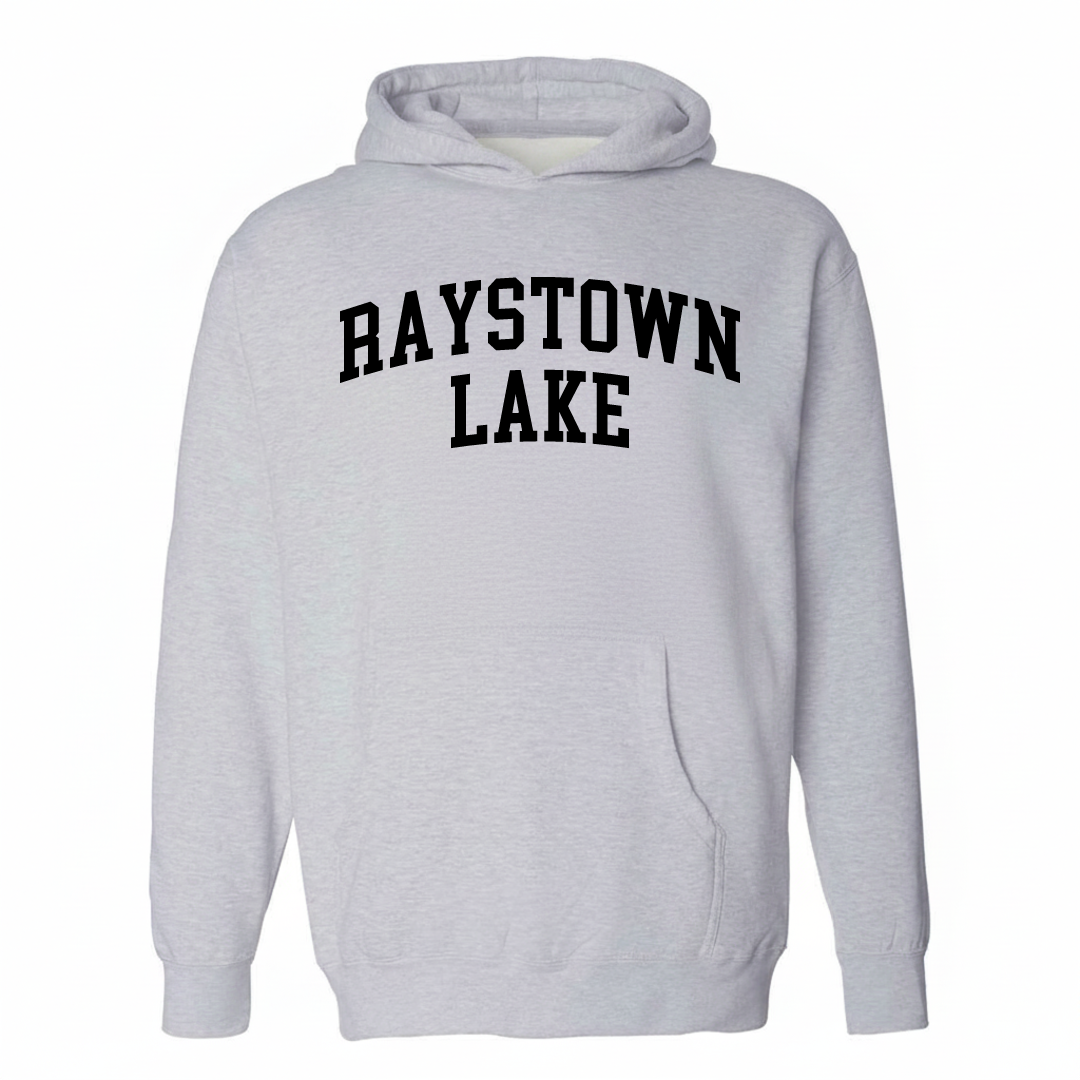 Heather-gray hoodie with the Raystown Lake varsity arched lettering design on the chest.