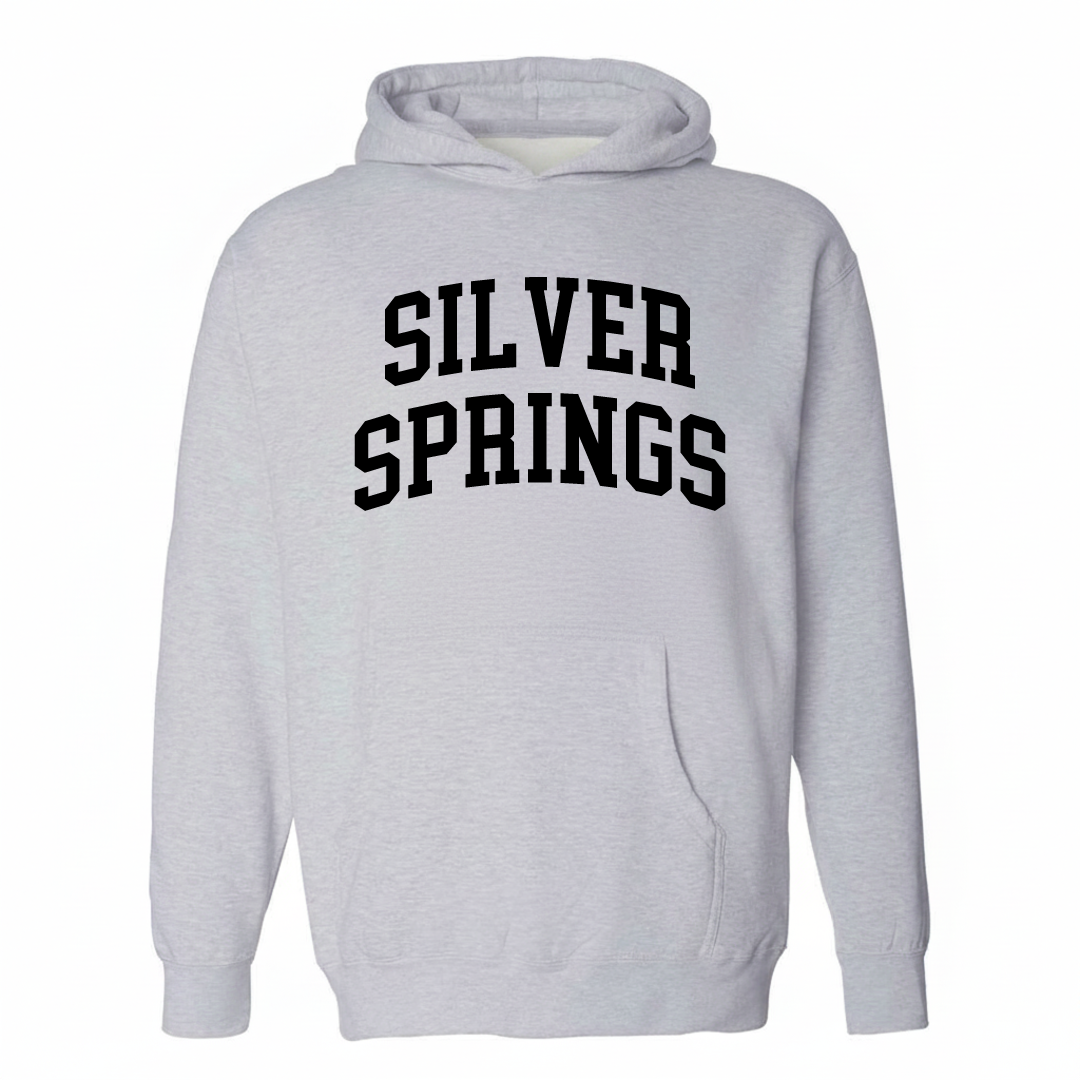 Heather-gray hoodie with the Silver Springs varsity arched lettering design on the chest.