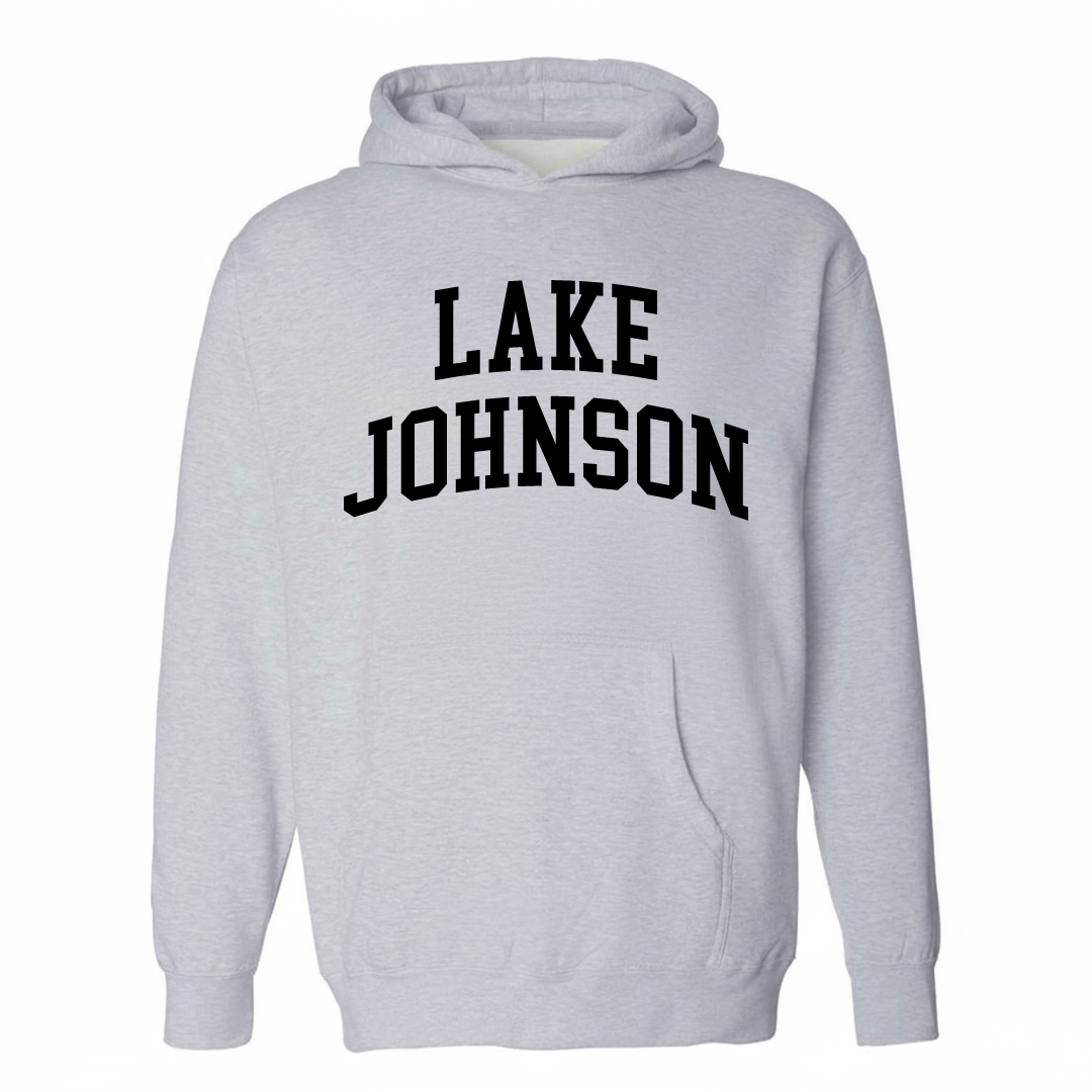 Heather-gray hoodie with the Lake Johnson varsity arched lettering design on the chest.