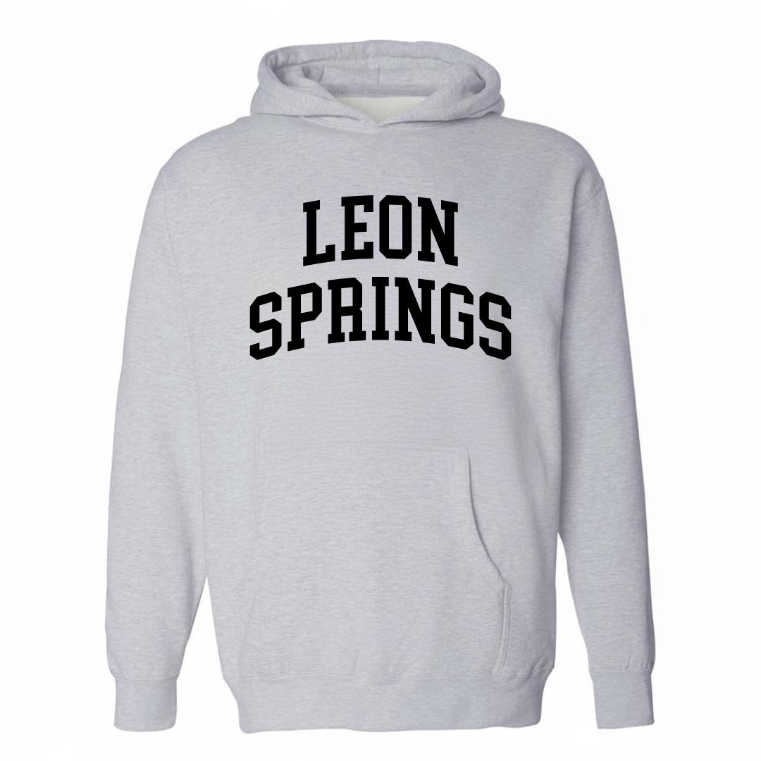Heather-gray hoodie with the Leon Springs arched lettering varsity-collegiate design on the chest.
