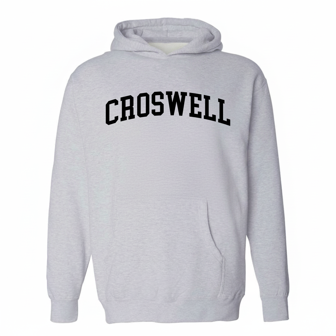 Heather-gray hoodie with the Croswell varsity arched lettering design on the chest.