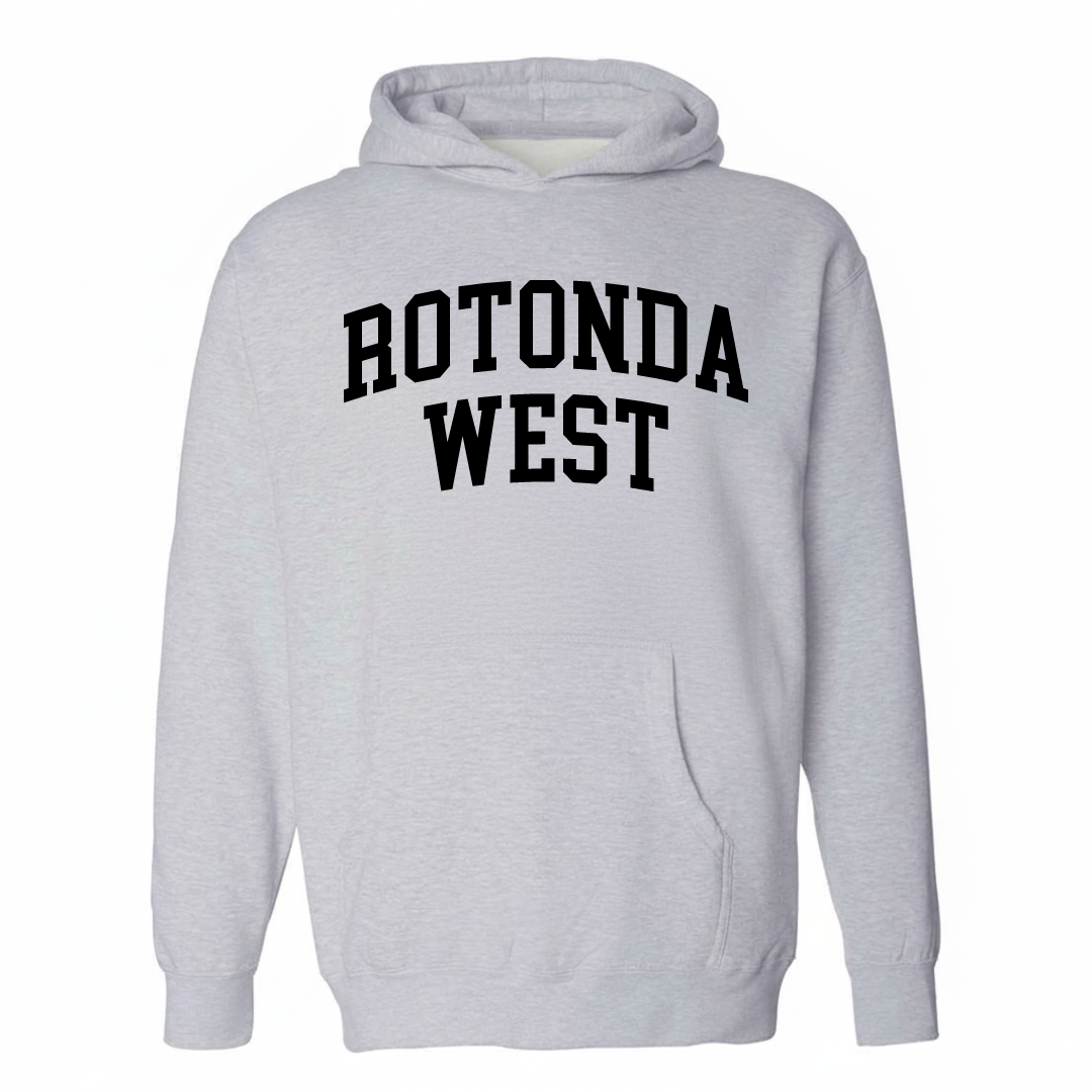 Heather-gray hoodie with the Rotonda West varsity arched lettering design on the chest.