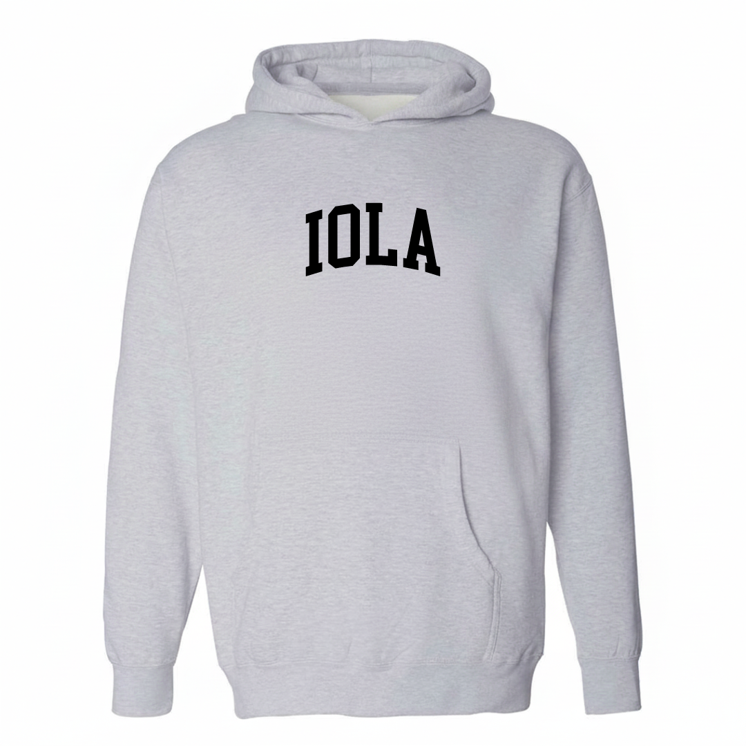 Heather-gray hoodie with the Iola arched varsity lettering design on the chest.