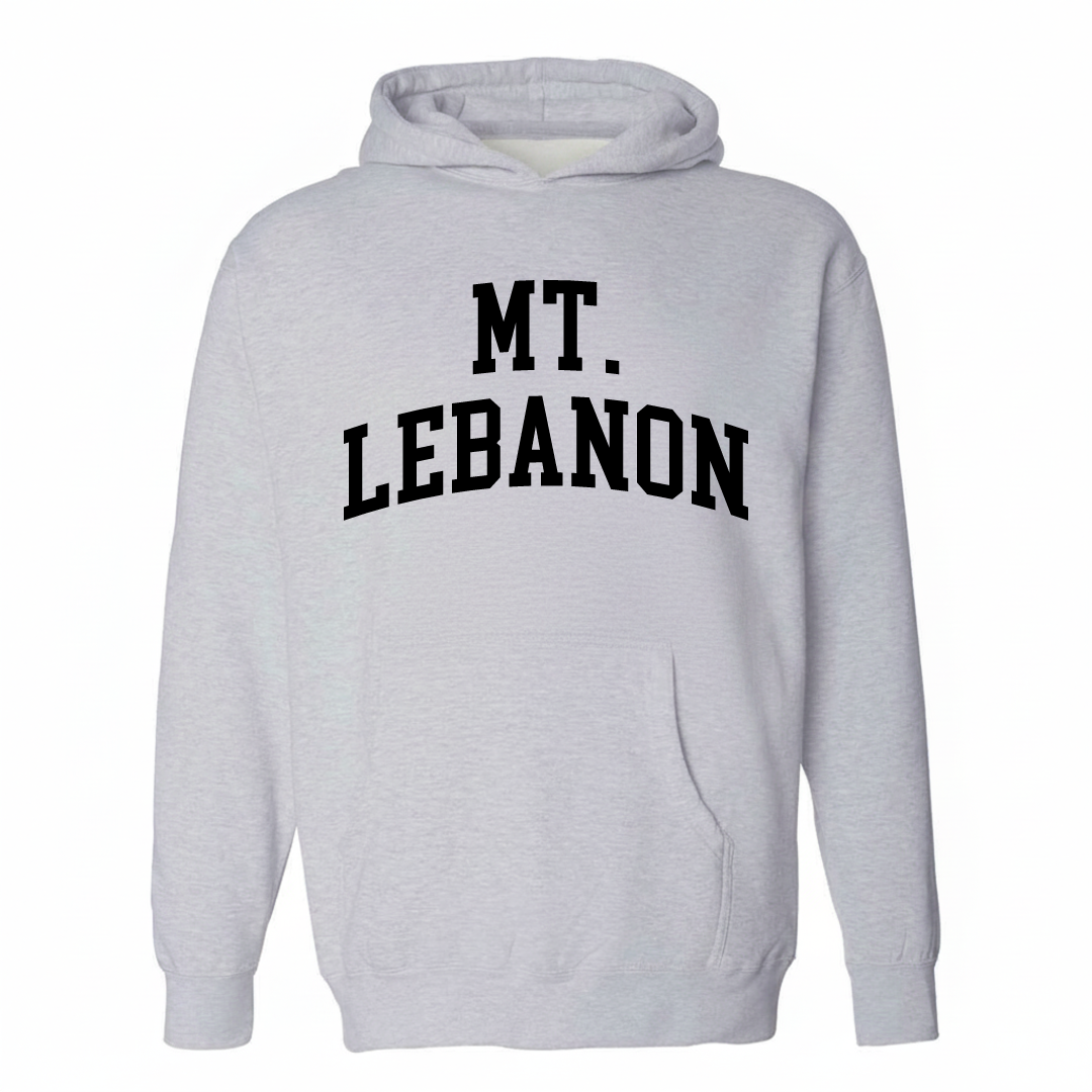 Heather-gray hoodie with the Mt. Lebanon varsity arched lettering design on the chest.