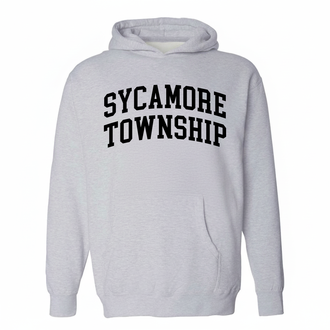Heather-gray hoodie with the Sycamore Township arched lettering design on the chest.