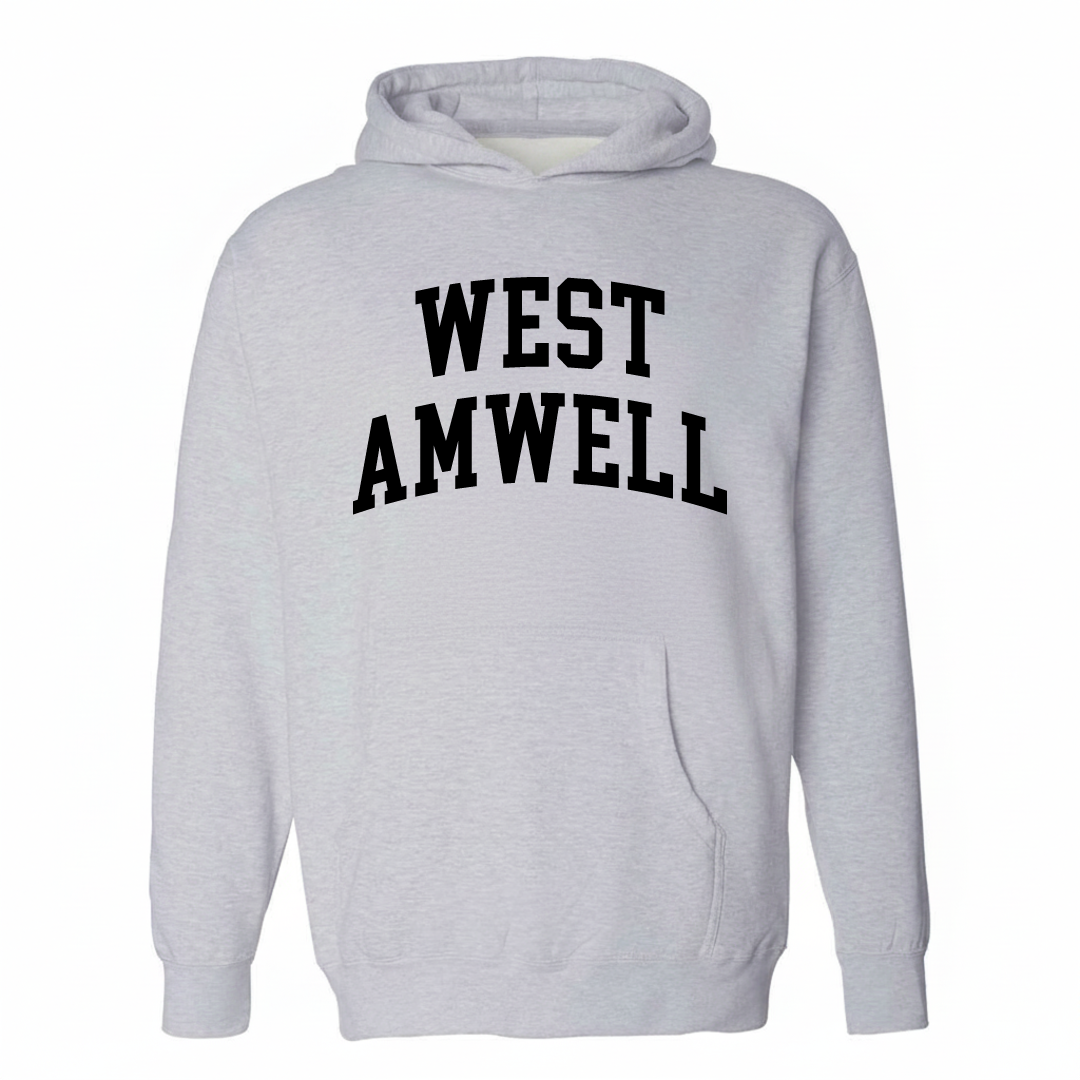 Heather-gray hoodie with the West Amwell varsity arched lettering design on the chest.