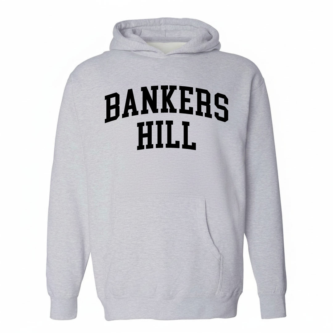 Heather-gray hoodie with the Bankers Hill varsity arched lettering design on the chest.
