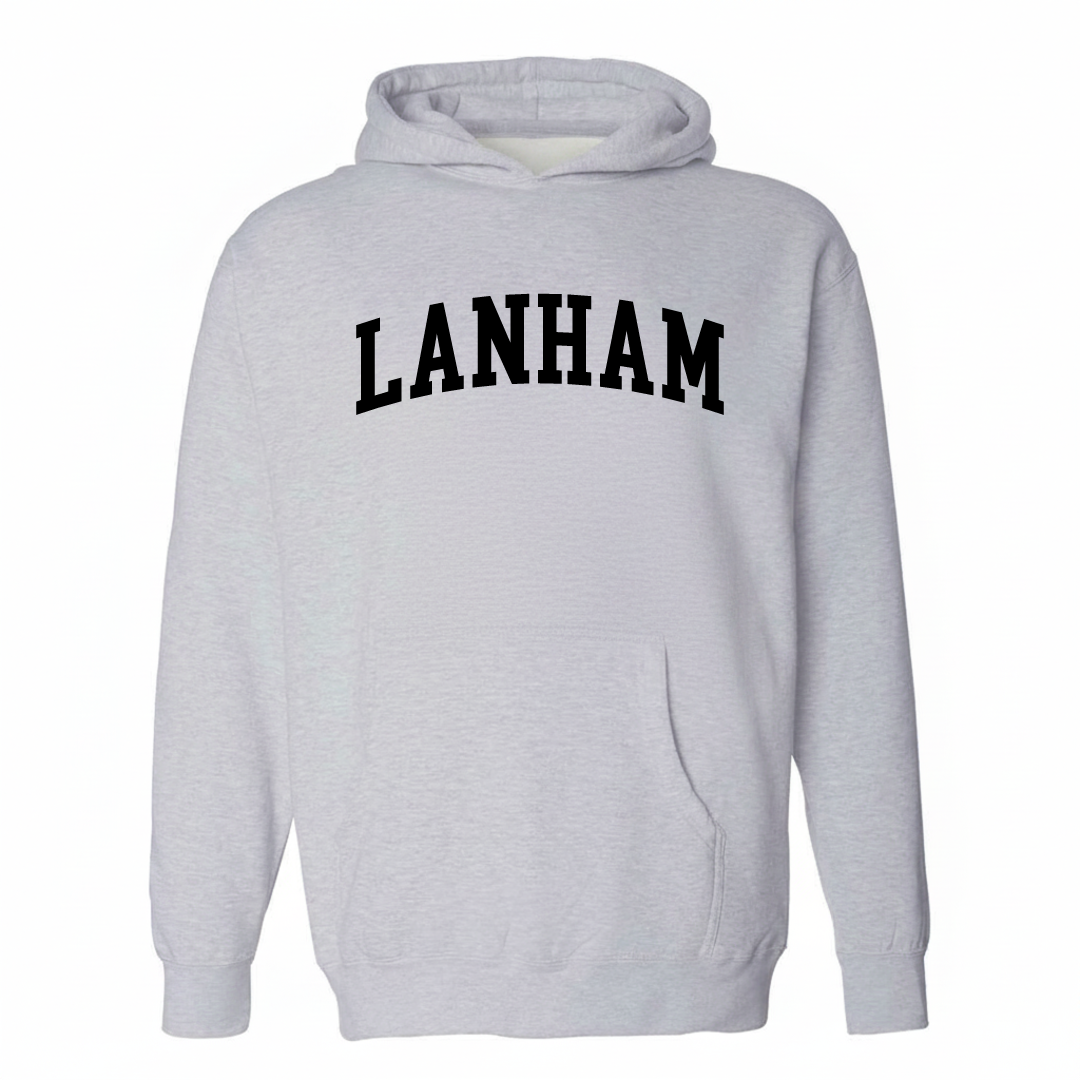 Heather-gray hoodie with the Lanham varsity arched lettering design on the chest.