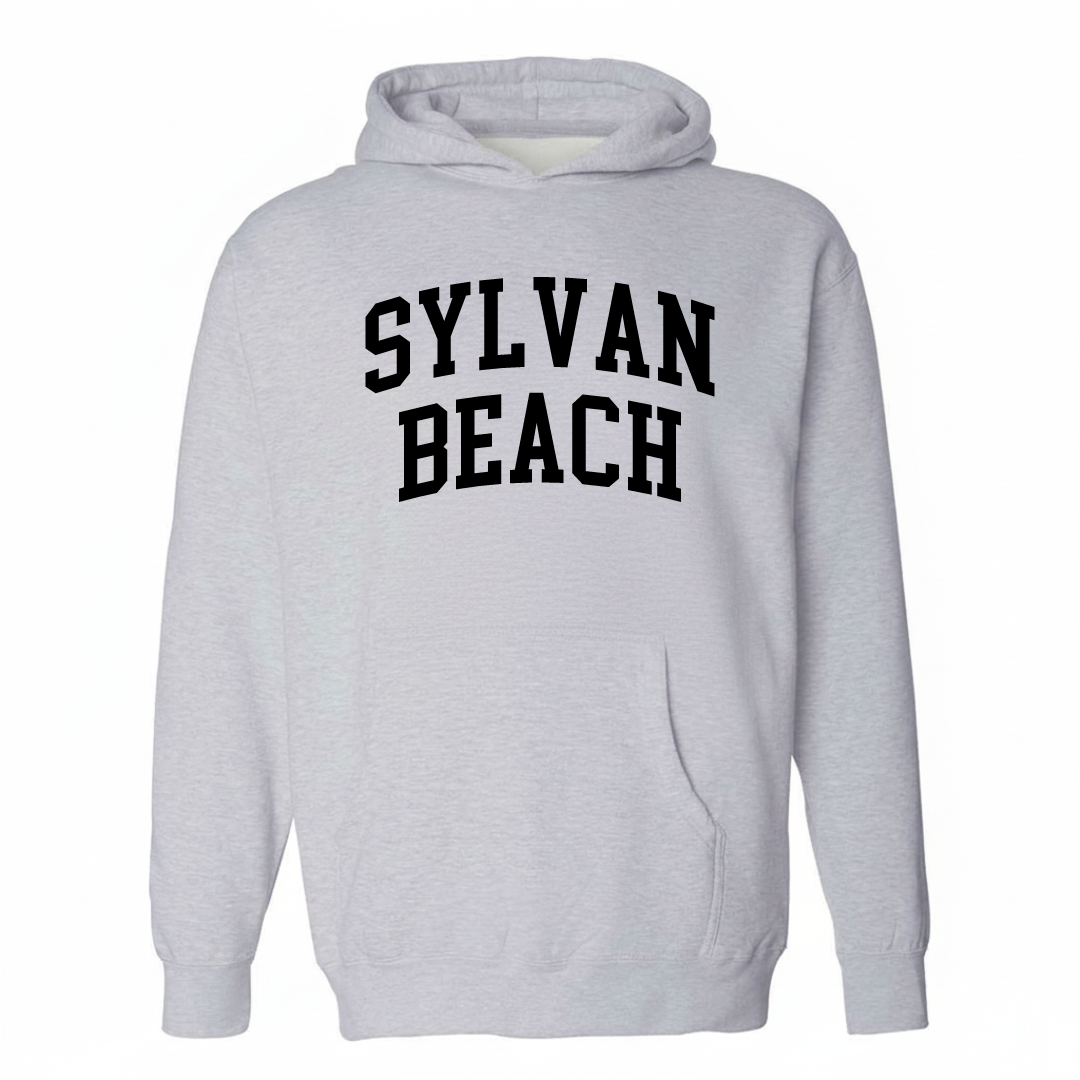 Heather-gray hoodie with the Sylvan Beach varsity arched lettering design on the chest.