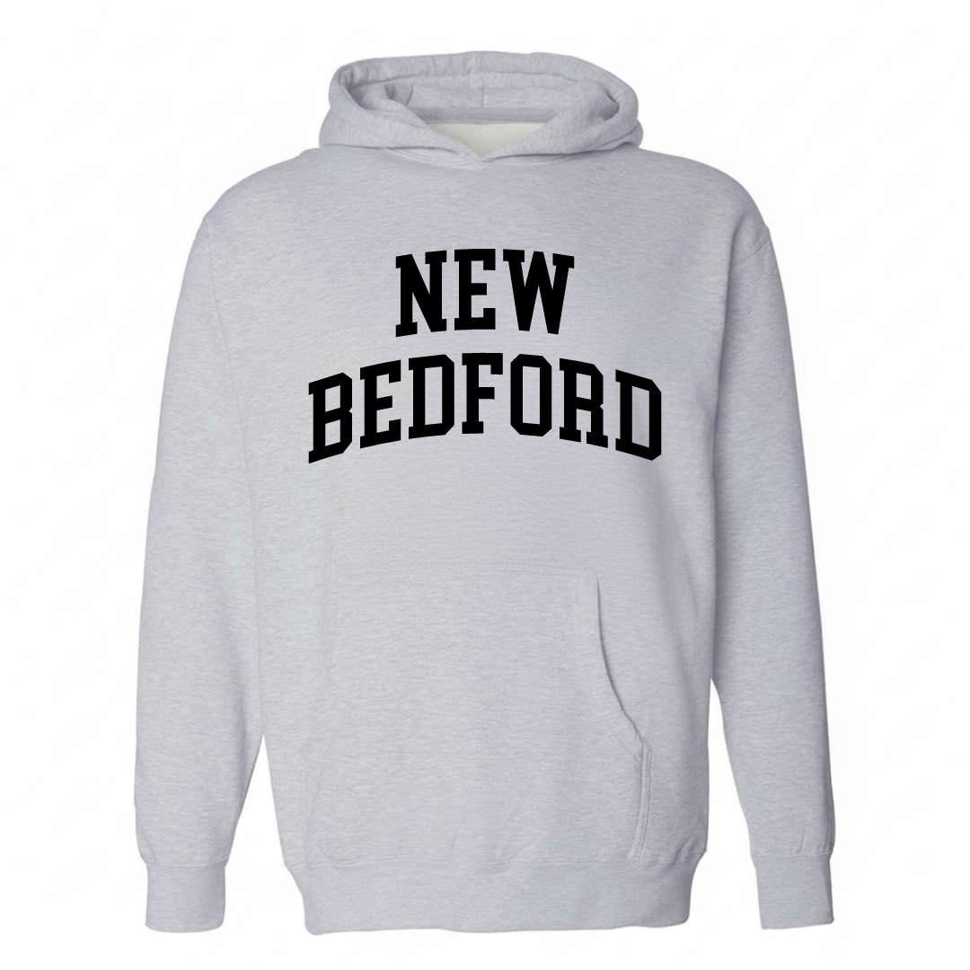 Heather-gray hoodie with the New Bedford varsity arched lettering design on the chest.