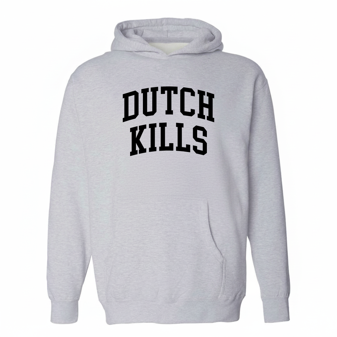 Heather-gray hoodie with the Dutch Kills arched lettering varsity-collegiate design on the chest.