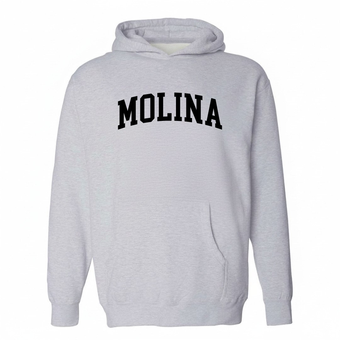 Heather-gray hoodie with the Molina arched varsity lettering design on the chest.