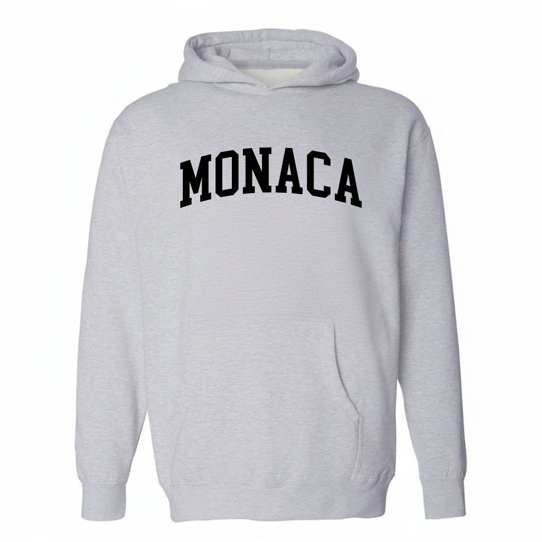 Heather-gray hoodie with the Monaca varsity arched lettering design on the chest.