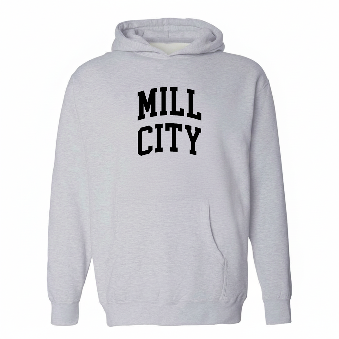 Heather-gray hoodie with the Mill City arched lettering design on the chest.