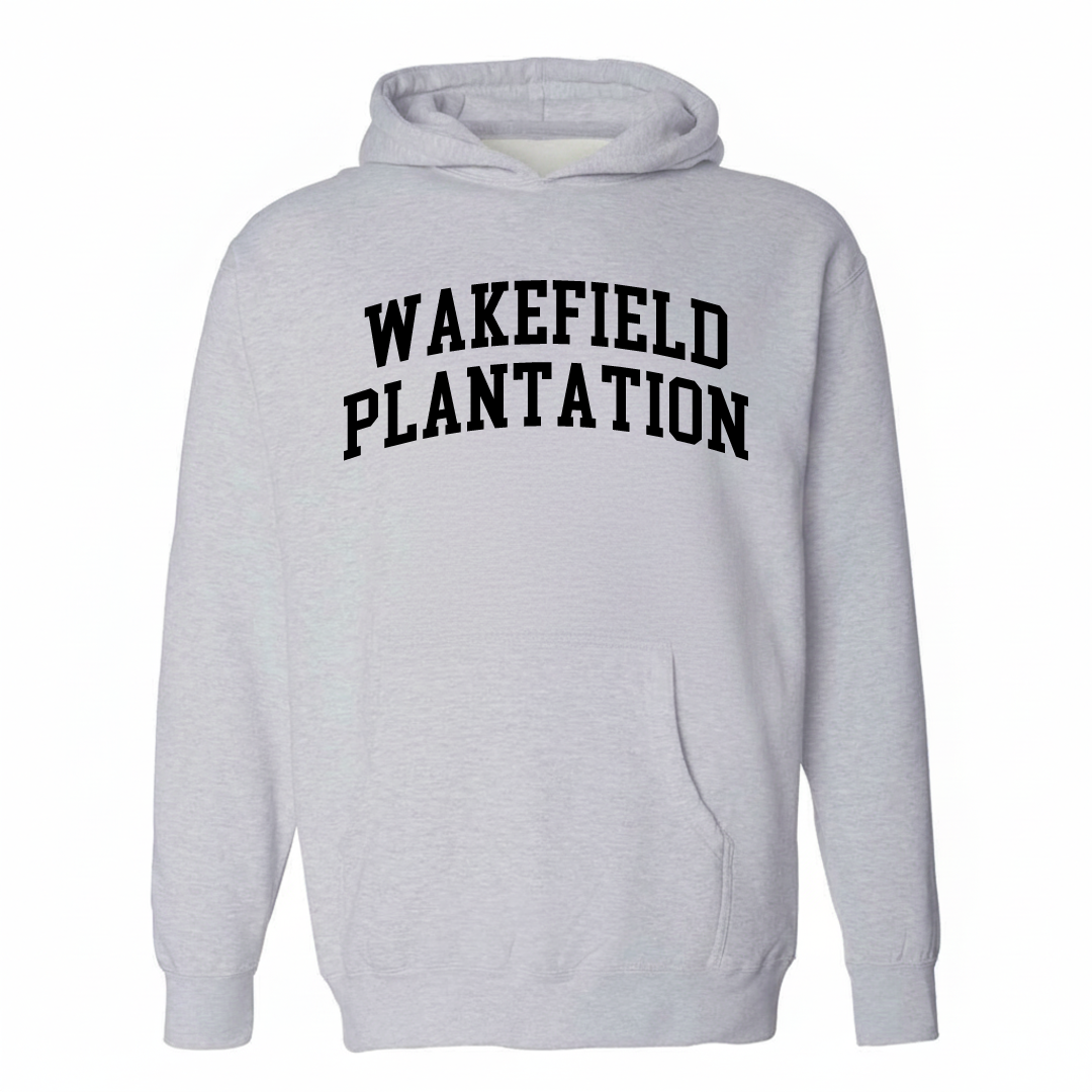 Heather-gray hoodie with the Wakefield Plantation varsity arched lettering design on the chest.