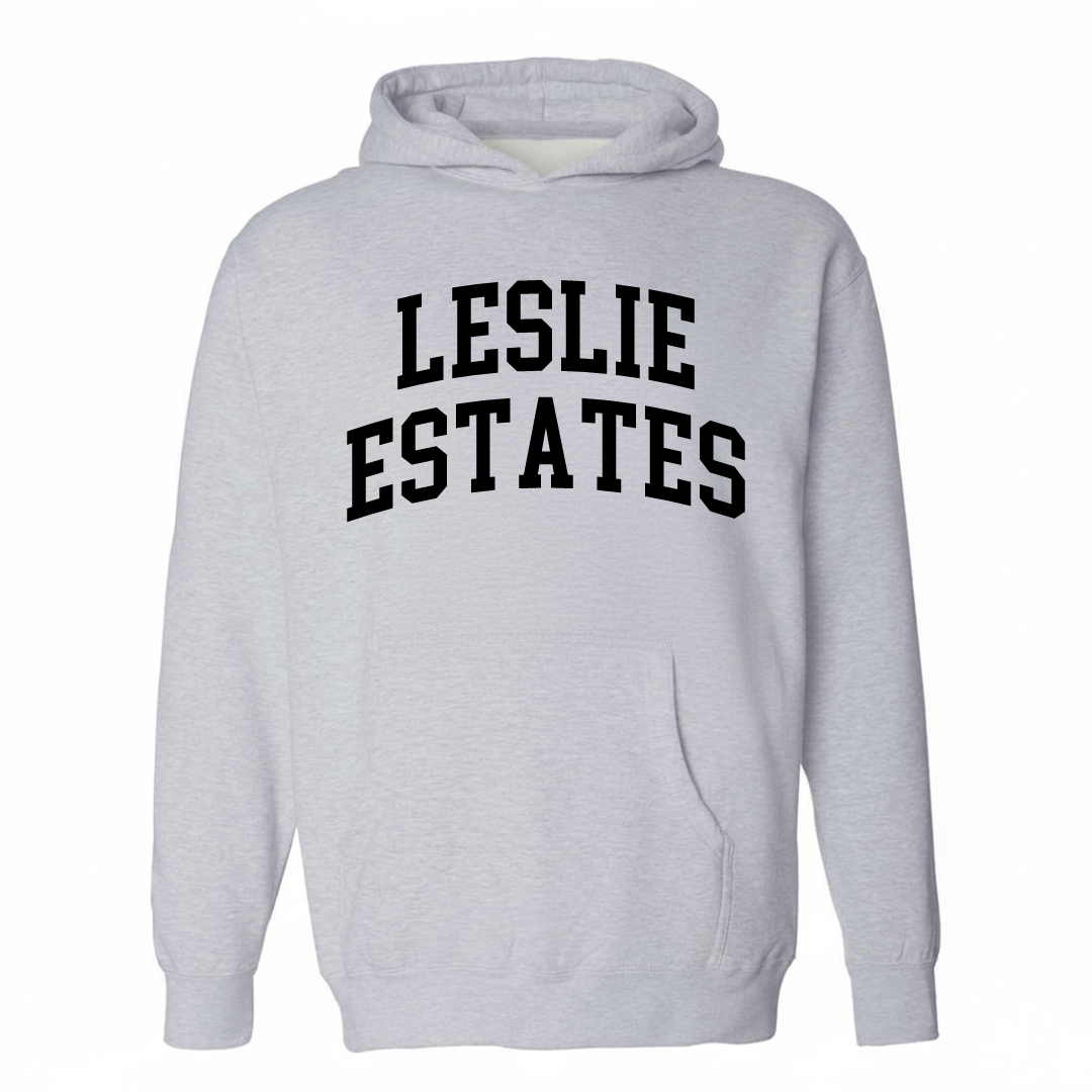 Heather-gray hoodie with the Leslie Estates varsity arched lettering design on the chest.