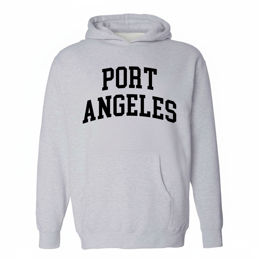 Heather-gray hoodie with the Port Angeles varsity arched lettering design on the chest.