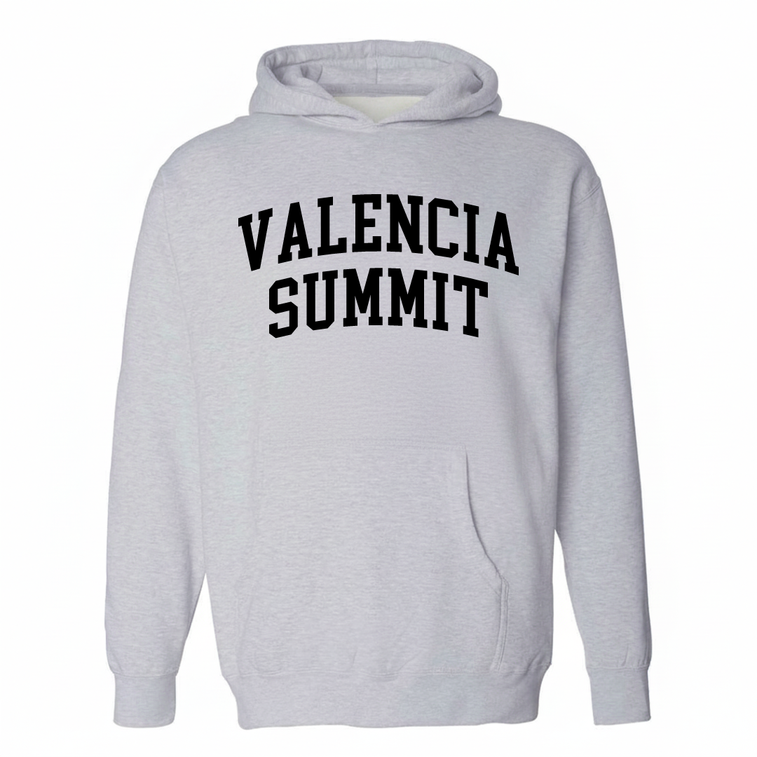 Heather-gray hoodie with the Valencia Summit arched lettering varsity-collegiate design on the chest.