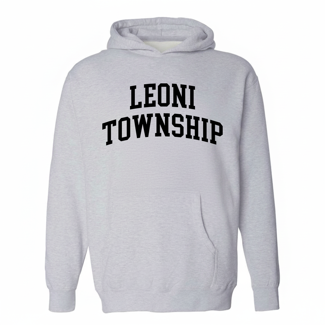 Heather-gray hoodie with the Leoni Township varsity arched lettering design on the chest.