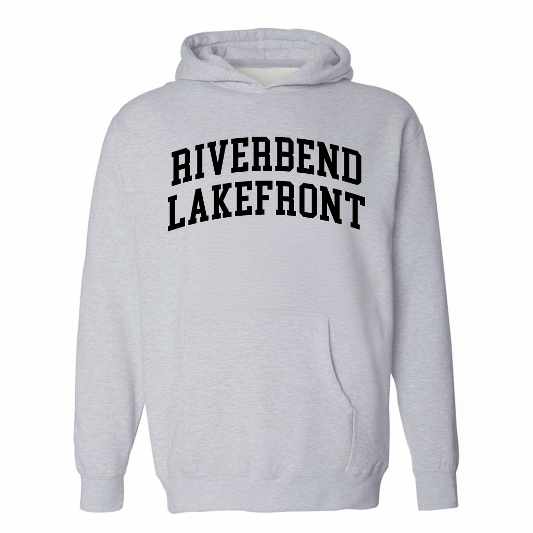 Heather-gray hoodie with the Riverbend Lakefront varsity arched lettering design on the chest.