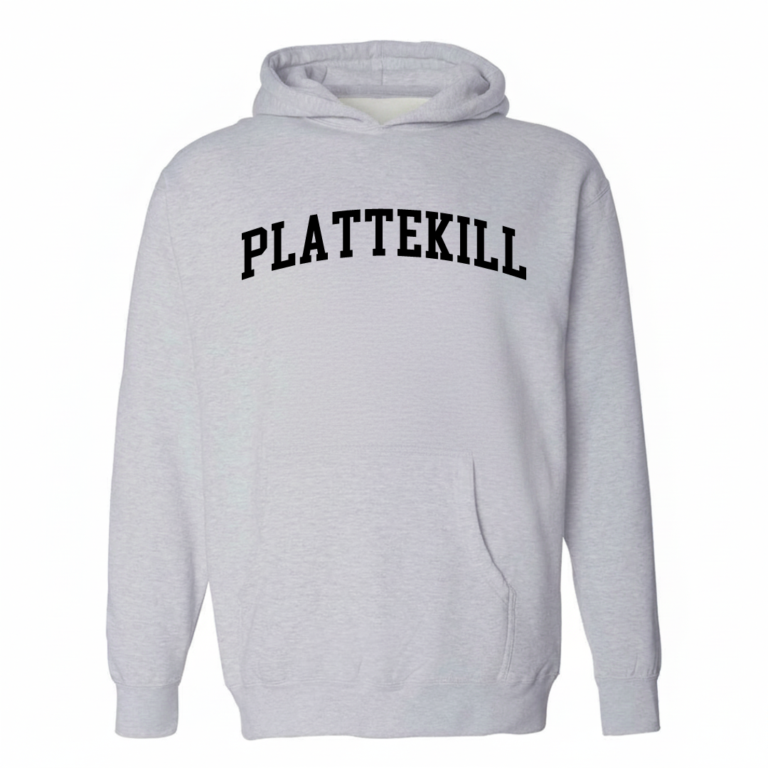 Heather-gray hoodie with the Plattekill varsity arched lettering design on the chest.